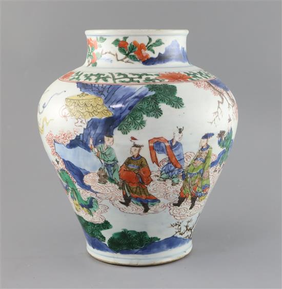 A Chinese wucai baluster vase, Transitional period c.1640, H.28cm, restorations